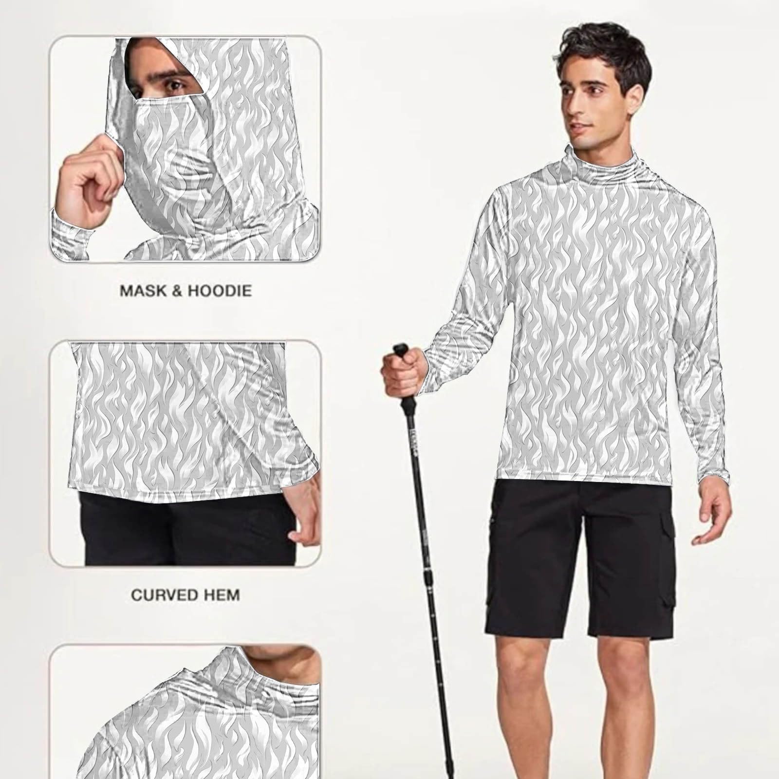 Herren UV-Schutz Hoodie Kapuzenpullover UPF 50+ Langarm Shirt mit Daumenloch Schnelltrocknend Funktionsshirt Angelhemd mit Maske Atmungsaktives Rash Guard