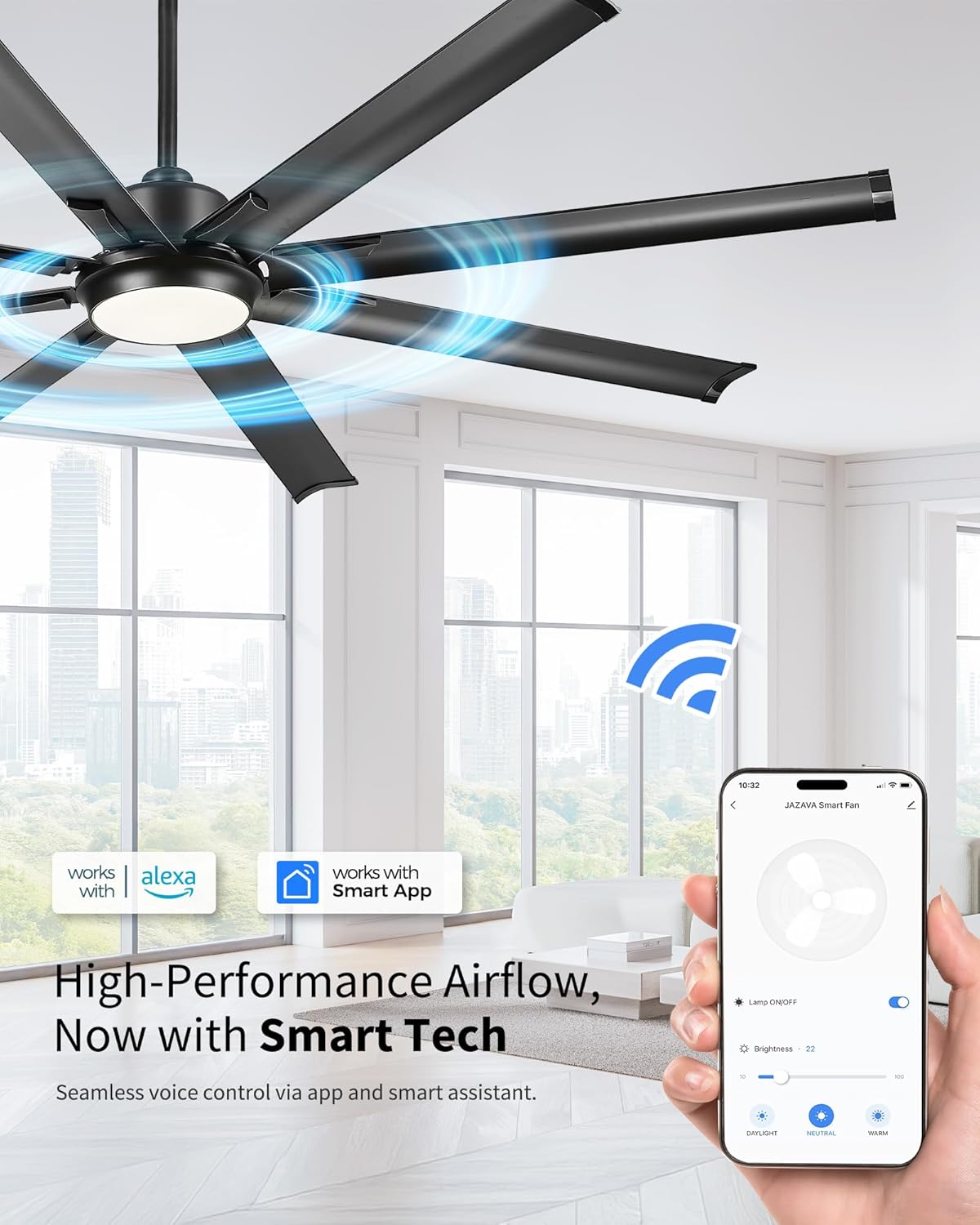 72 Inch Ceiling Fan With Light,Industrial Ceiling Fan With 8 Aluminium Metal Blades,Smart Fan Work with Alexa,Garage Indoor Fan For Living Room and Patio,CF04BK-72