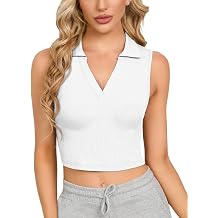 CLOZOZ Womens Tank Tops Polo Crop Top V Neck Ribbed Sleeveless Tops Collar Shirts Womens Crop Tops Polo Cropped Tank Trendy White