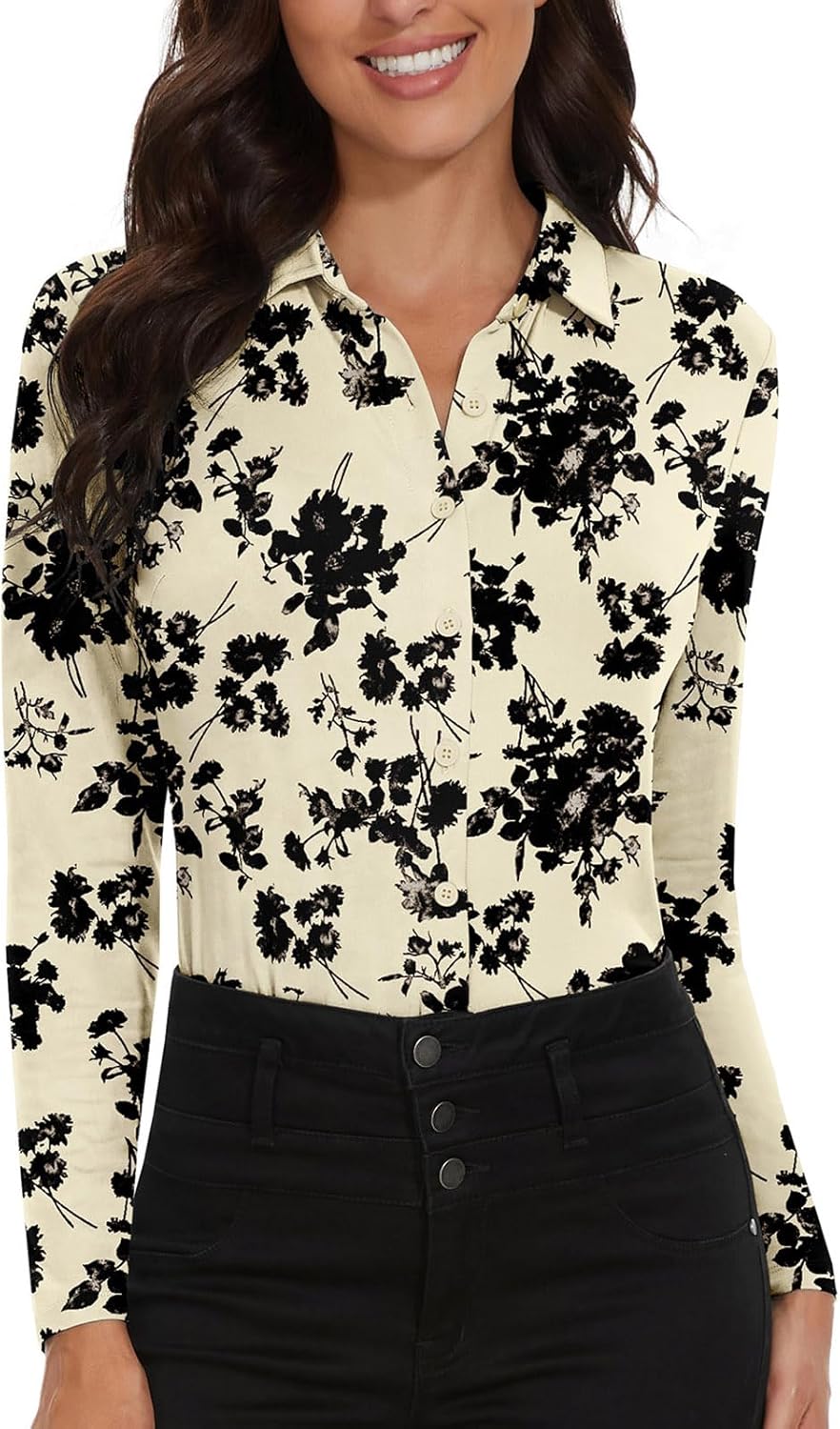 Soneven Womens Golf Polo Shirts 3/4 Long Sleeve V Neck Button Down Shirts Business Causal Work Blouses Tops