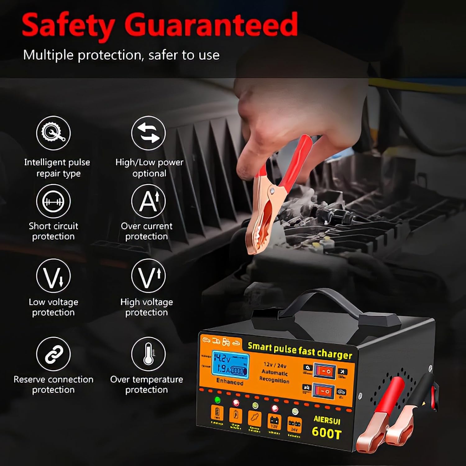 12V/24V Smart Battery Charger, 6AH~200AH Lithium ion Battery Charger, Automatic Battery Maintenance、Pulse Repair & Trickle Charger, Suitable for Motorcycles, Boats, Cars, Lawnmowers, etc.