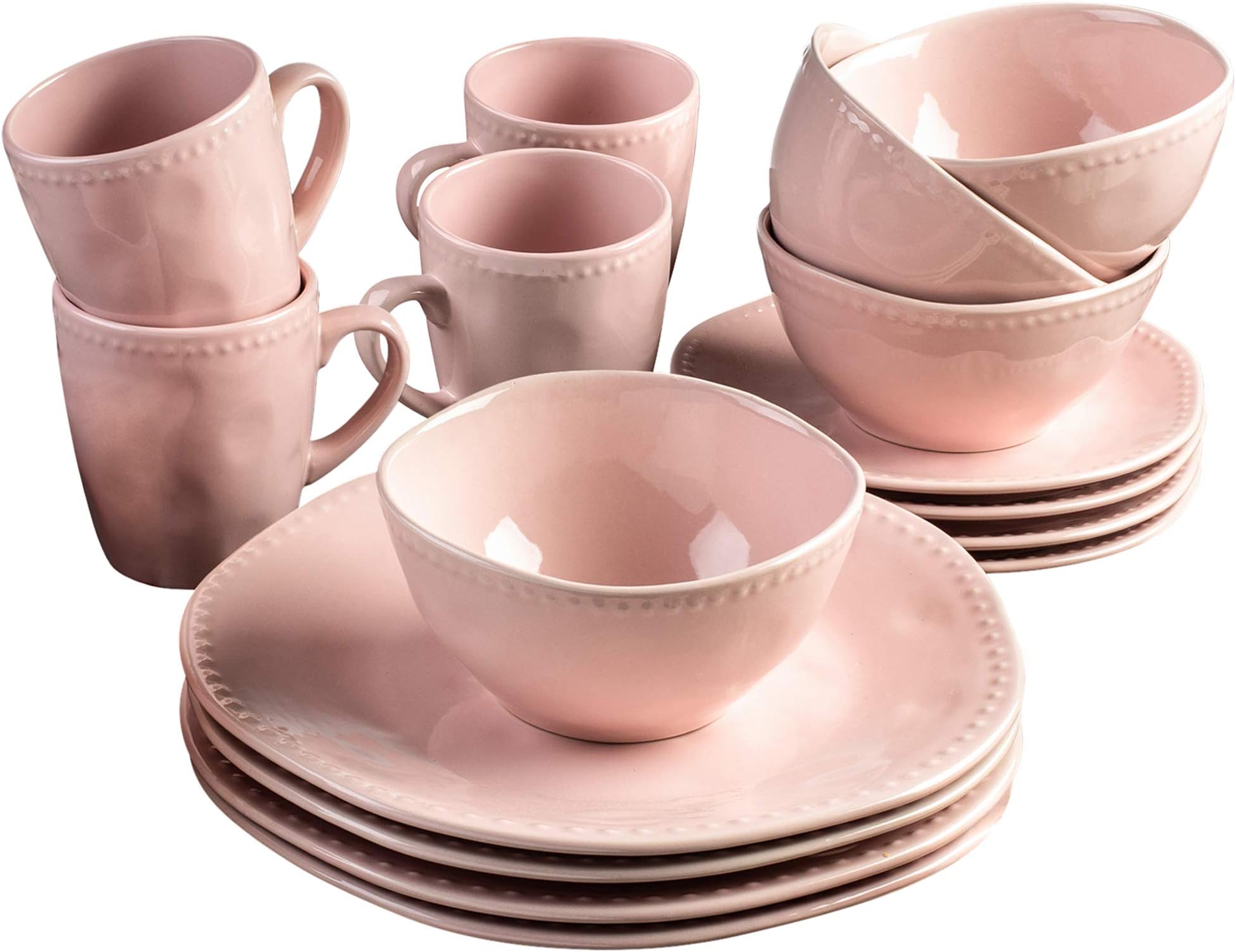 American Atelier Nadia 16 Piece Round Beaded Dinnerware Set, 10.75x10.75, Pink