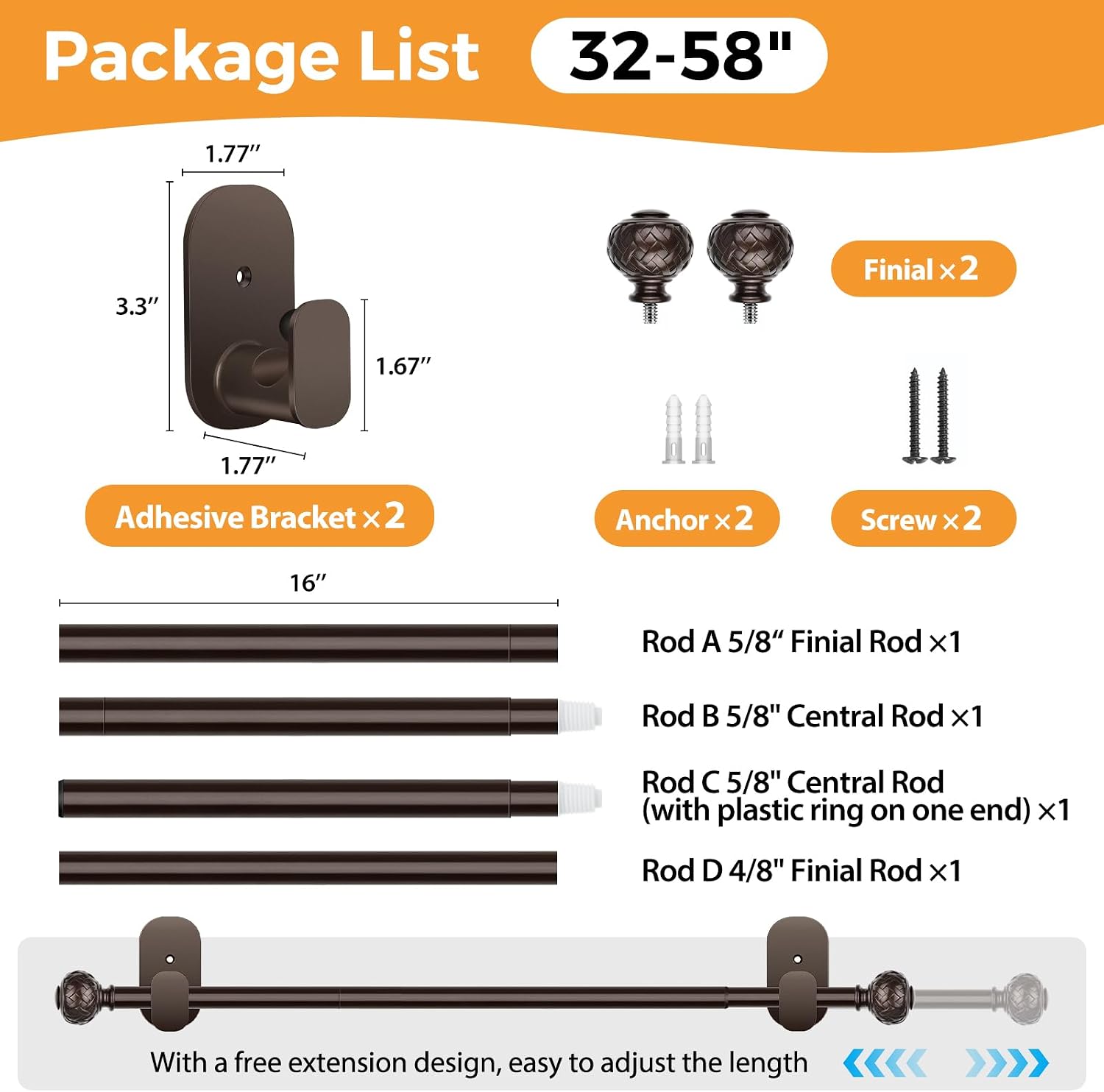 TONIAL Curtain Rods No Drilling for Windows, 32-58 In Adjustable, Bronze