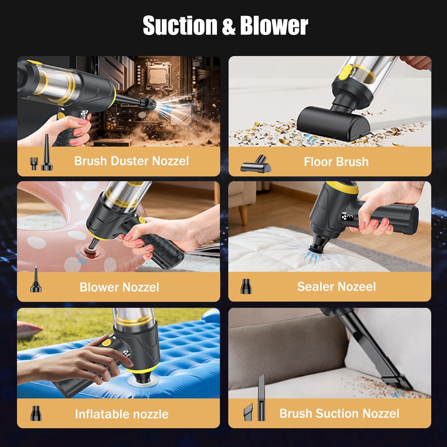 HKC 4 en 1 Soplador y Aspirador 110000RPM, 18000Pa Soplador de Polvo Eléctrico con Motor Sin Escobillas, Aspirador de Mano con Luz LED, Air Duster para PC,Teclado, Exterior, Hogar y Auto