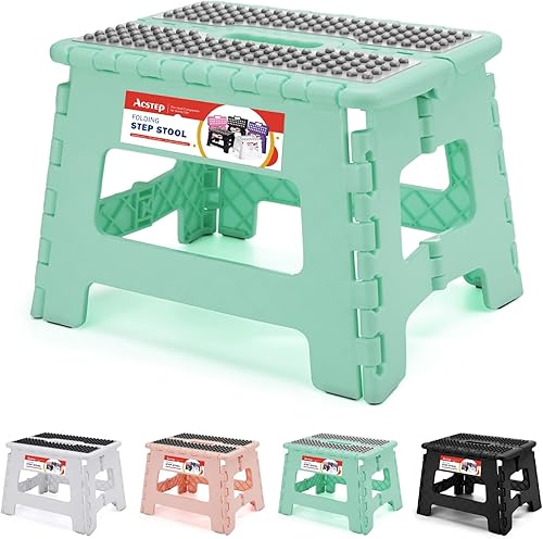 ACSTEP Taburete plegable de 9 pulgadas, capacidad de 300 libras, taburete antideslizante con asa, taburetes plegables de plástico para niños,