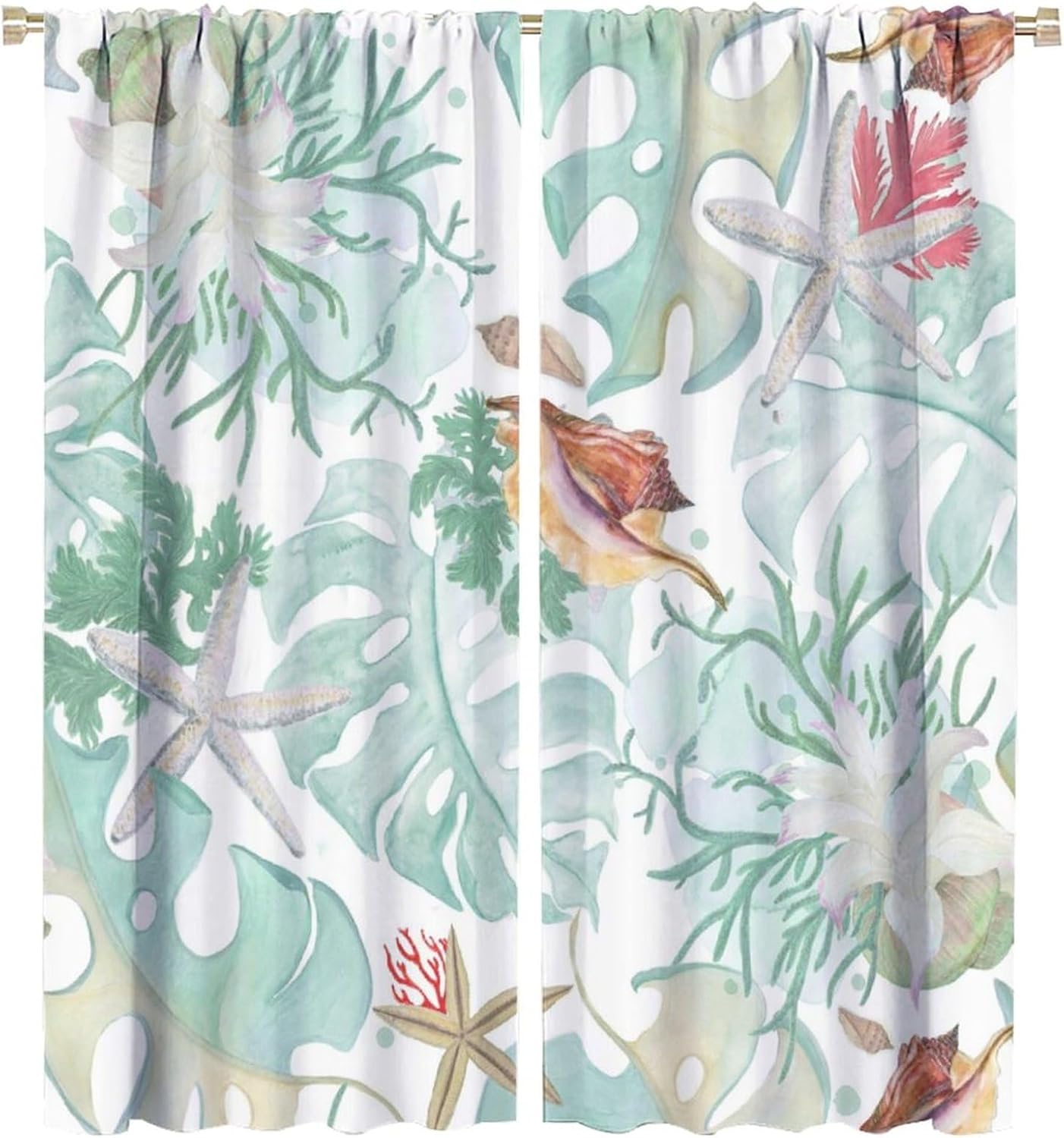 Nautical Coastal Starfish Blackout Curtains for Living Room,Underwater Ocean Theme Conch Seashell Leaves Room Darkening Window Curtains with Rod Pocket - 2 Panels 63" L x 27.5" W