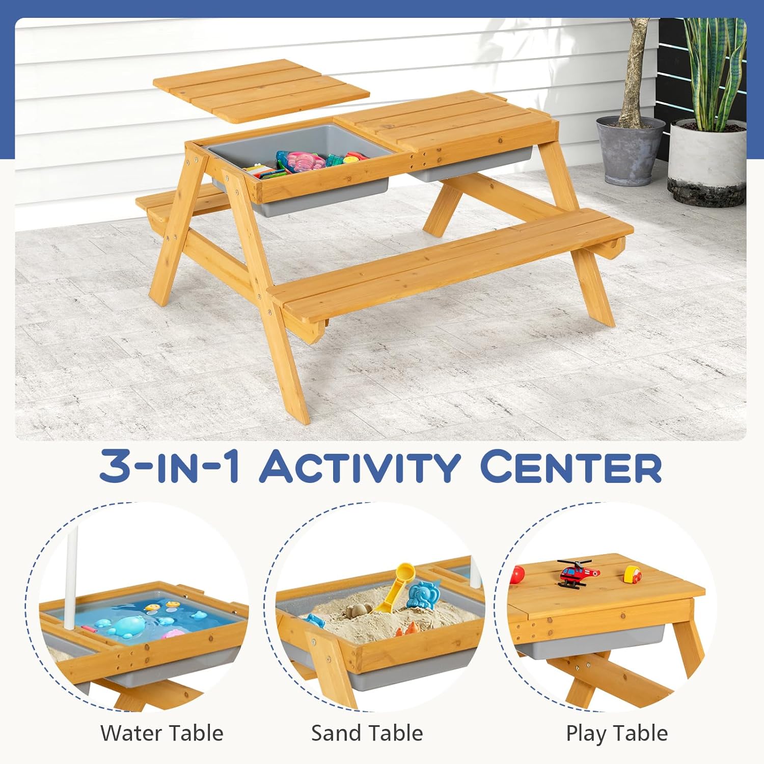 Olakids Kids Picnic Table, 4 in 1 Outdoor Toddler Sand Water Wooden Table and Chair Set with Removable Umbrella, Children Activity Furniture Bench Set for Patio Garden Backyard