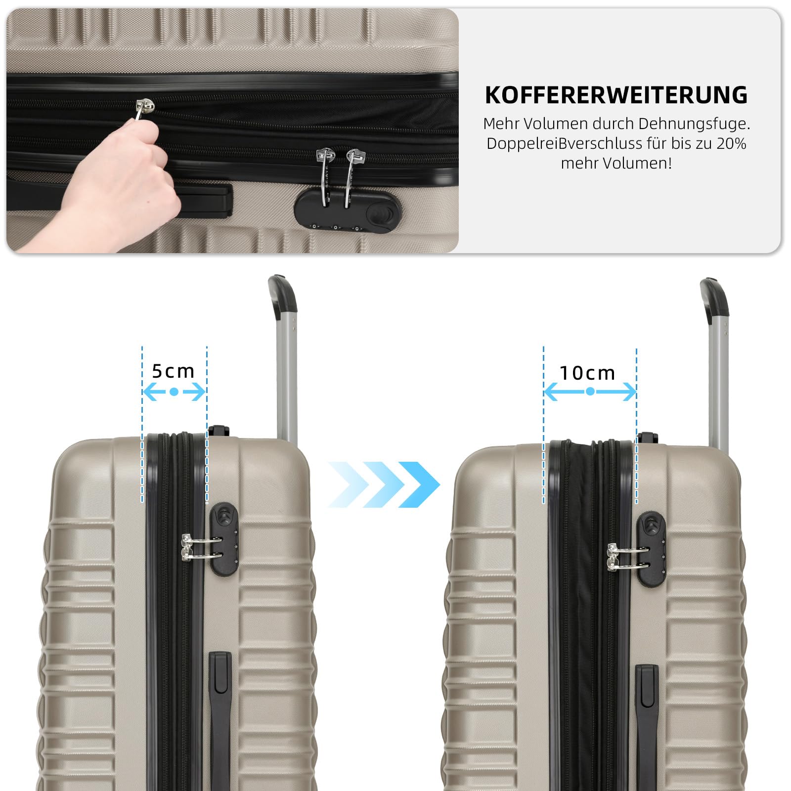 BEIBYE 2088 Zwillingsrollen Reisekoffer Hartschale Trolleys M-L-XL-Set Champagner
