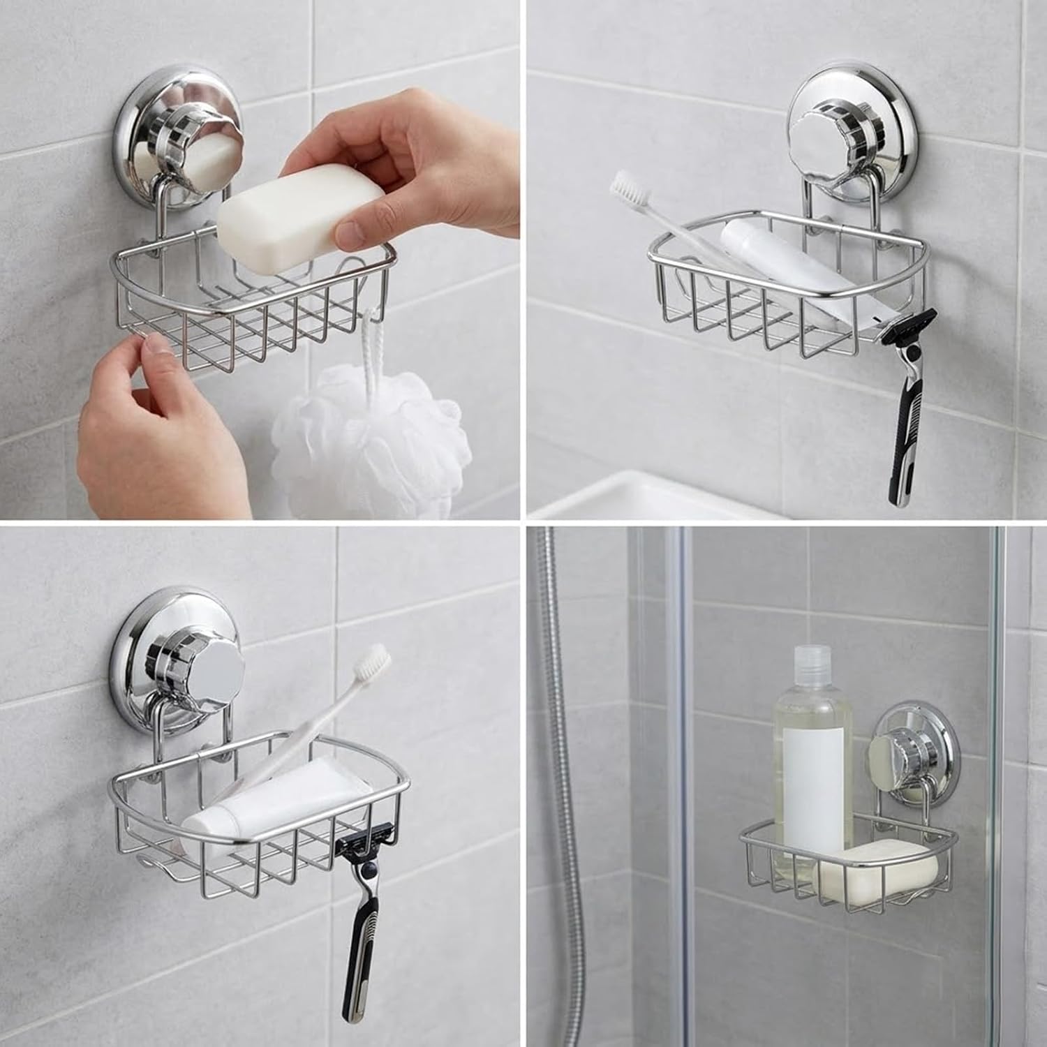 Bar Soap Holder for Shower Wall - Suction Cup Soap Dish with Hooks, Rustproof Stainless Steel Soap Saver Tray, Powerful Vacuum Soap Basket for Bathroom, Bathtub & Kitchen Sink (Silver)