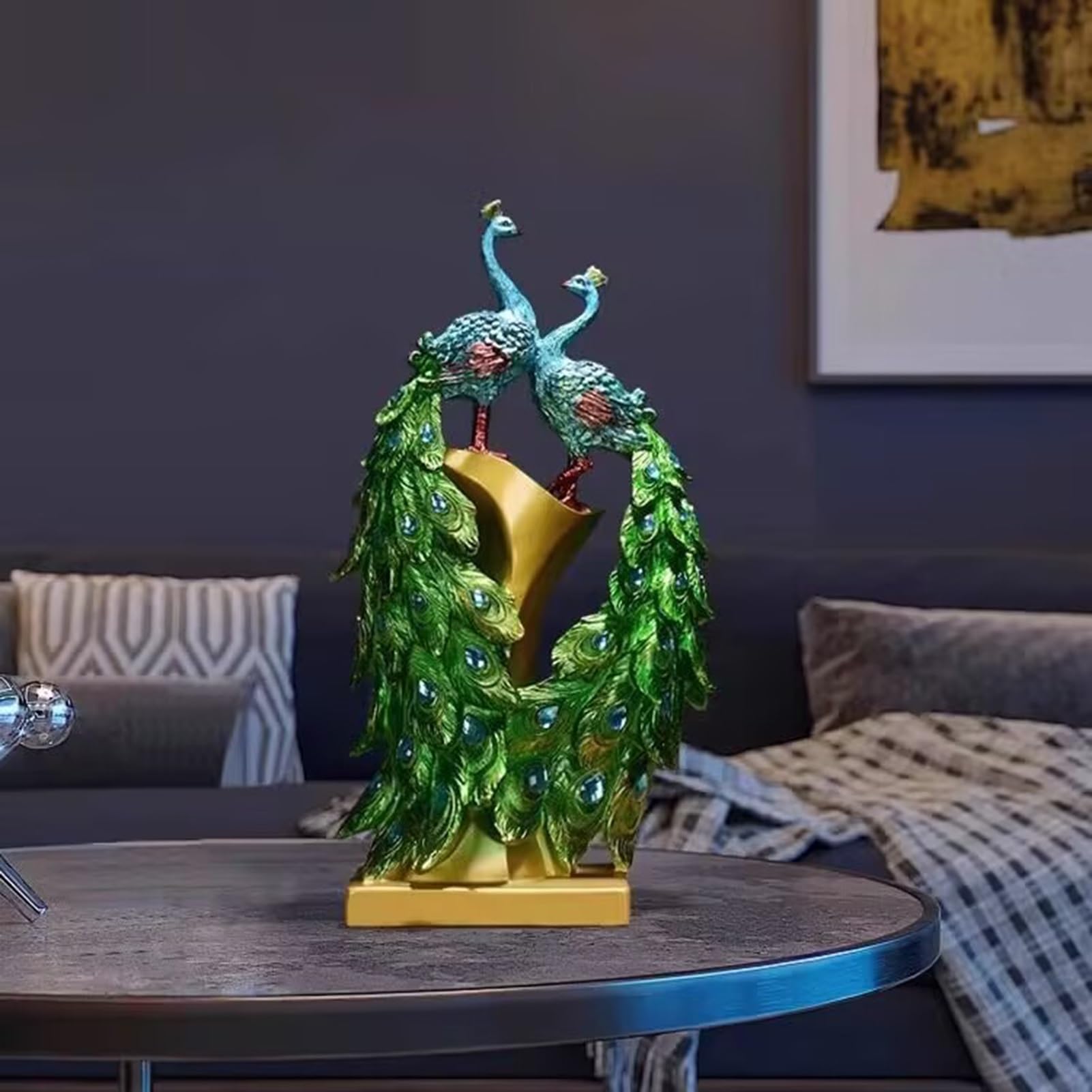 Artystyczna statuetka - 38 cm żywiczne statuetki pawia do wystroju wnętrz, rzeźby artystyczne stojące do domu, biura, dekoracji balkonu, prezenty ślubne na parapetówkę