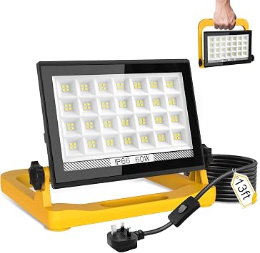 T-SUN 5400Lumen LED Work Light with Stand, 60W Floodlight with 3 Brightness Dimmable IP66 Waterproof Work Lights with 13FT Cord for Indoor Outdoor Worksite Job Site Garage [Energy Class A]