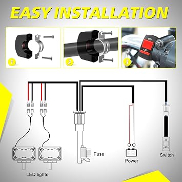 2 Leads Motorcycle Wiring Harness Kit w/Handlebar Switch 10A Blade Fuse 12V LED Light Heavy Duty Nylon Wire for Motorcycle ATV Dirt Bike Motorized Bicycle - Fits 7/8 Handlebars (22mm)