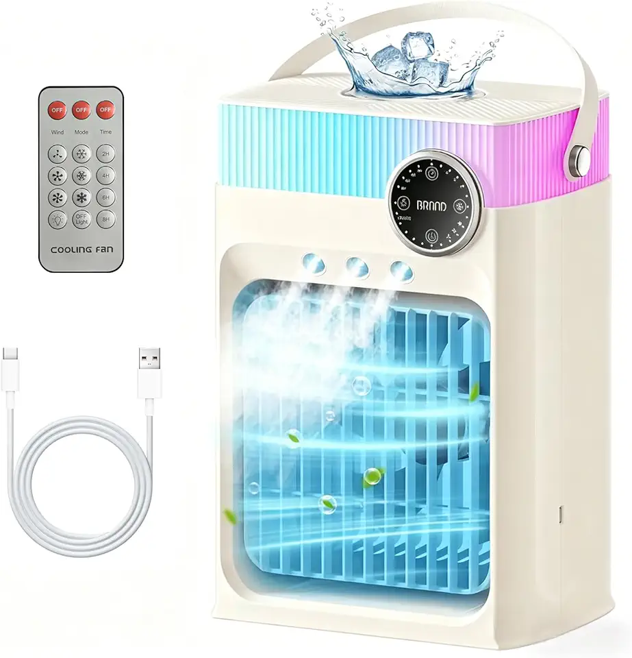 Ar-Condicionado Portátil, Mini Aparelho de Refrigeração para Quarto, Pequeno Climatizador de Ar de 1200ml com Controle Remoto, 3 Níveis de Névoa e 3 Velocidades(Branco Marfim)