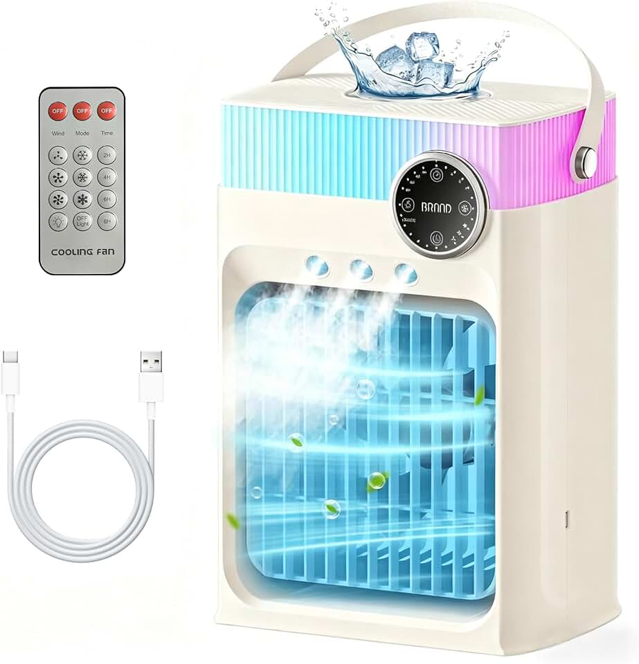 Ar-Condicionado Portátil, Mini Aparelho de Refrigeração para Quarto, Pequeno Climatizador de Ar de 1200ml com Controle Remoto, 3 Níveis de Névoa e 3 Velocidades(Branco Marfim)