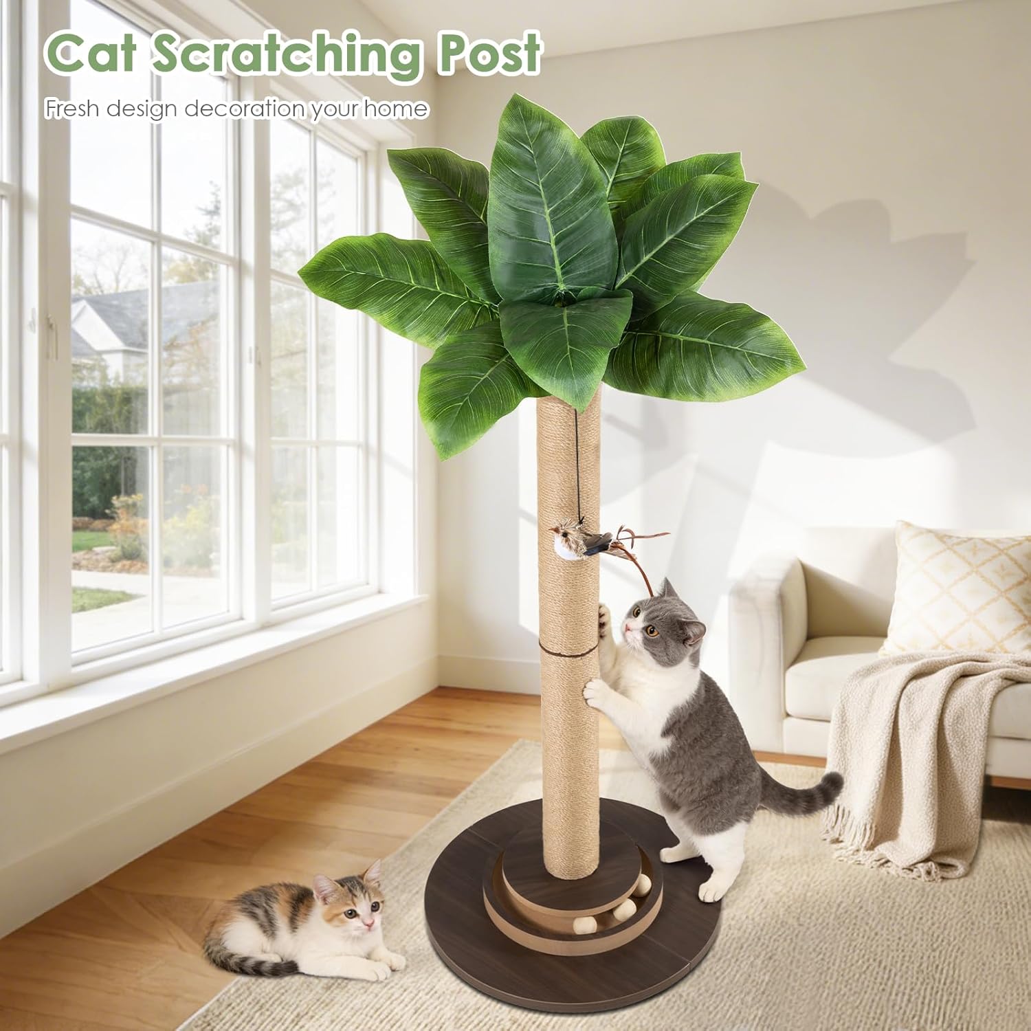 41.5 Inch Artificial Canna Leaf Cat Scratching Post, Tall Natural Sisal Cat Scratcher with Hanging Bird Toy & Interactive Track Balls, Sturdy Wide Base Cat Tree for Indoor Cats