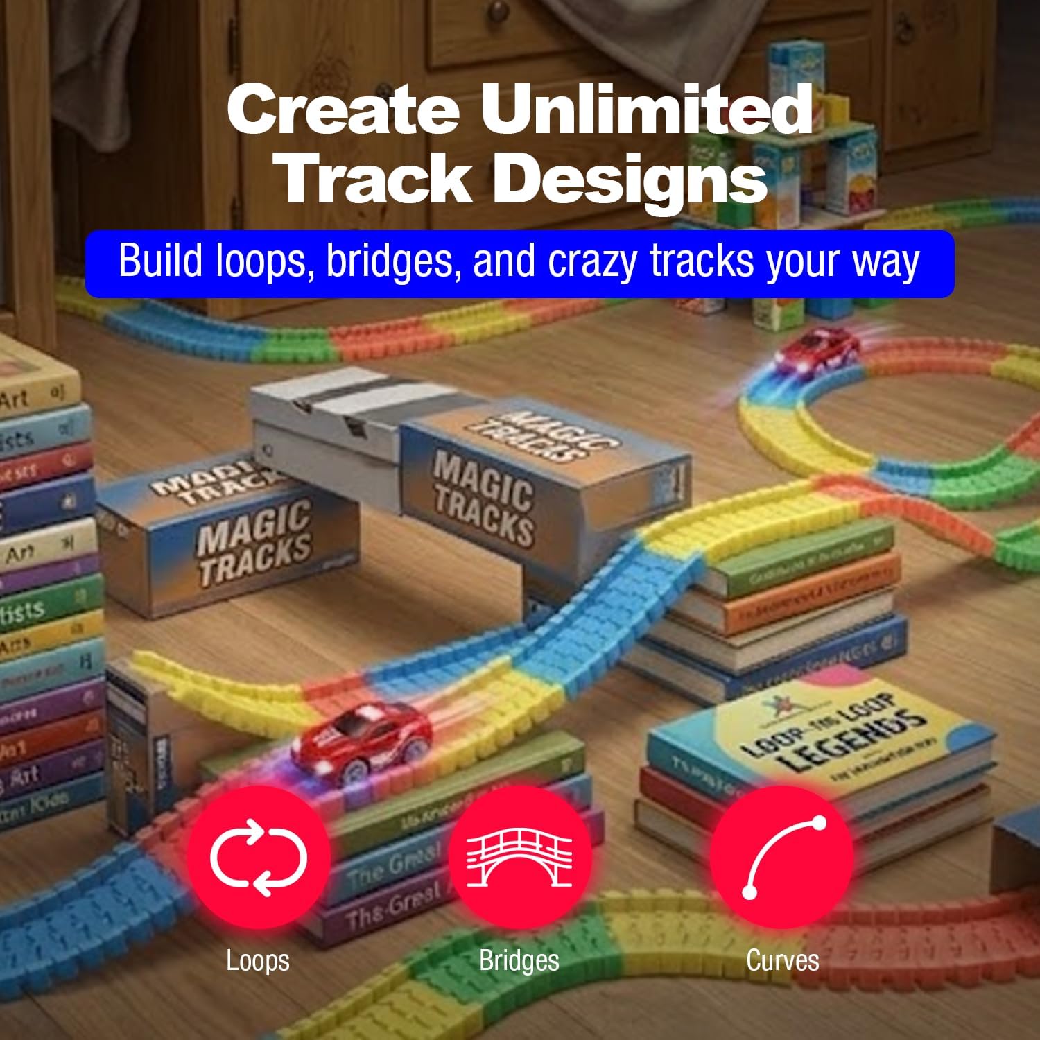 Ontel Magic Tracks 10 Foot Glow In The Dark Bendable Flexible Racetrack with LED Light-Up Race Car, Educational Playset Birthday Gift for Ages 3+