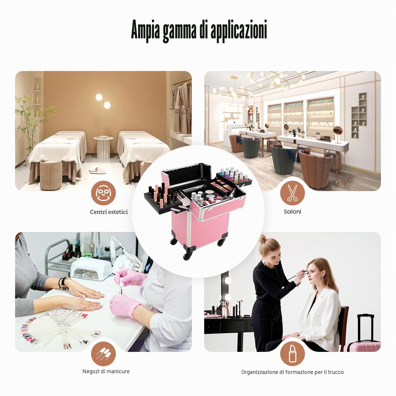 Valigetta cosmetica rotante, trolley per trucchi con molto spazio professionale, per cosmetologi e saloni di unghie, robusta e facile da trasportare con rotelle, beauty case, valigetta multiuso, rosa