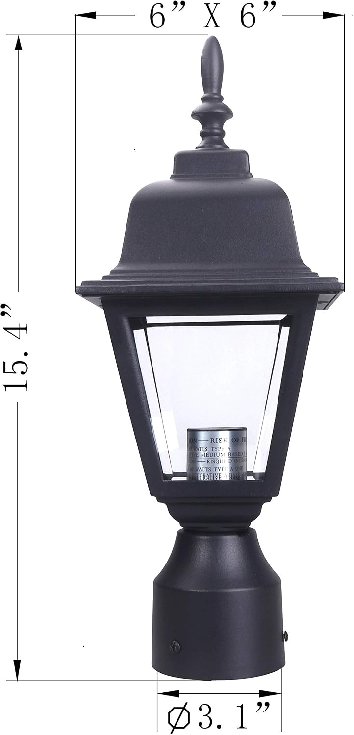 LIT-PaTH Outdoor Post Light Pole Lantern Fixture with One E26 Base Max 60W, Aluminum Housing Plus Clear Glass, Matte Black Finish, 1-Pack