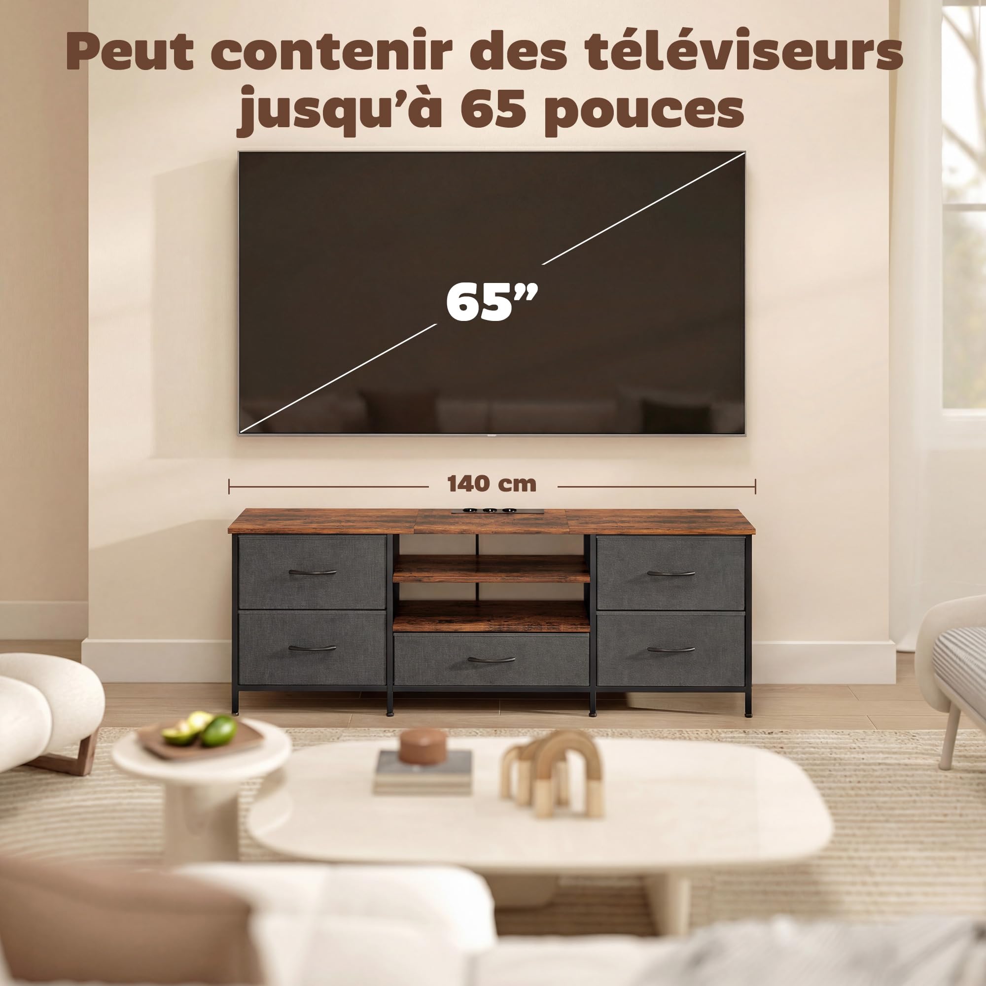 HOMCOM Szafka pod telewizor 140 cm ze stacją ładującą, 5 szufladami z tkaniny, otwarte półki i stalowa rama, szafka pod telewizor do salonu, sypialni, ławka pod telewizor do 65 cali, rustykalny brąz