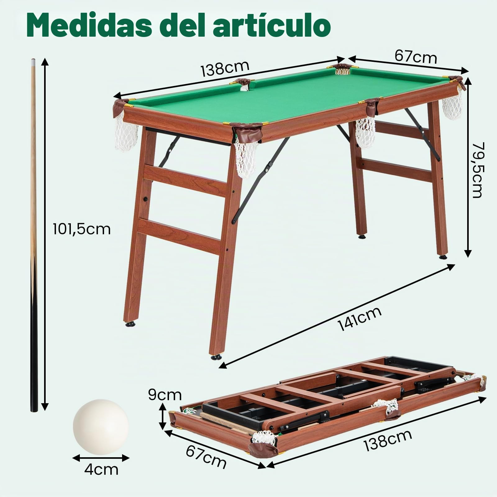 GOPLUS Mesa de Billar Plegable para Infantil y Adultos, 138 x 67 x 79.5 cm, con Patas Plegables y Ajustables, Esquinas Protegidas de Piel, 2 Colas, 2 Tizas, 16 Bolas, Triángulo, Cepillo, para Niños