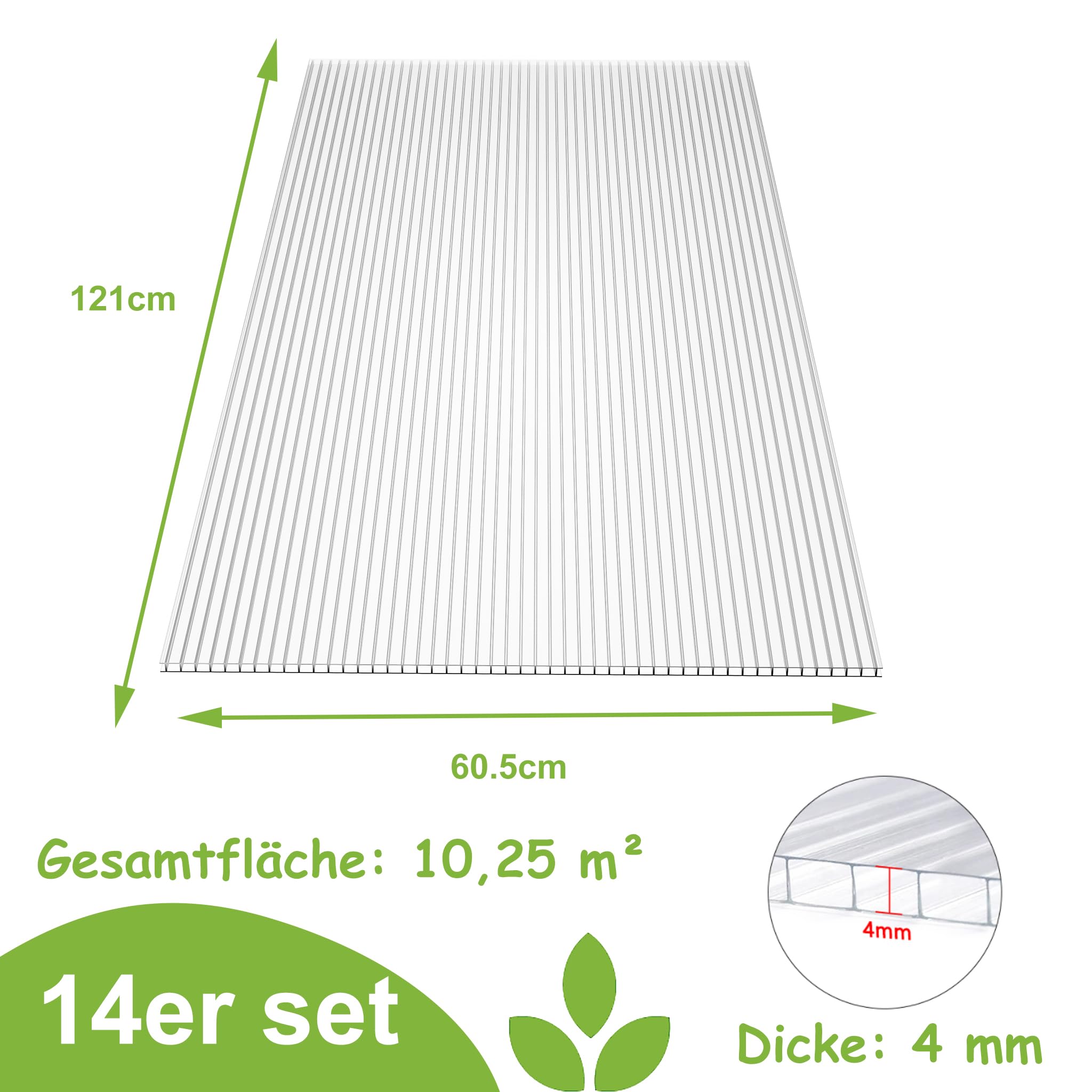 YRHome Placas de policarbonato de 14 piezas, 605 x 1210 x 4 mm, superficie total de 10,25 m², placa de invernadero con 50 soportes y 50 clips en Z