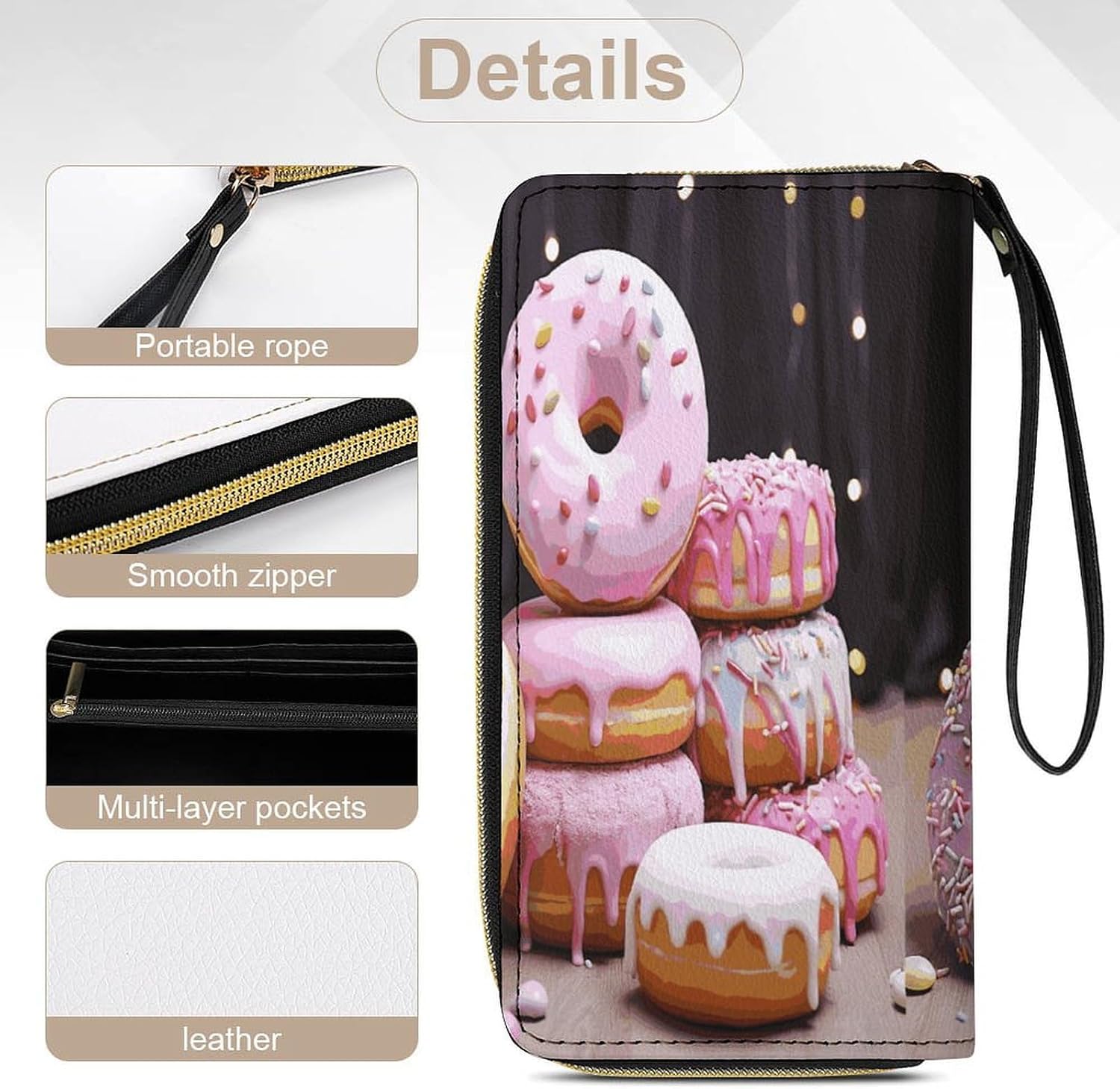Womens Wallet Donut Cake Printed Wristlet Wallets for Women Large Capacity Credit Card Holder Ladies Phone Clutch Leather Zip Around Clutch Wallet