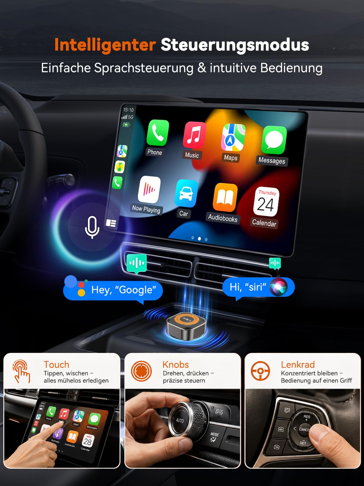 4-in-1 Wireless CarPlay Adapter für Apple CarPlay & Android Auto, AirPlay & MirrorLink Bildschirmspiegelung, Wired zu Wireless Car Play Adapter, 5.8GHz WiFi Bluetooth 5.4, Plug & Play, USB-A/C，Orange