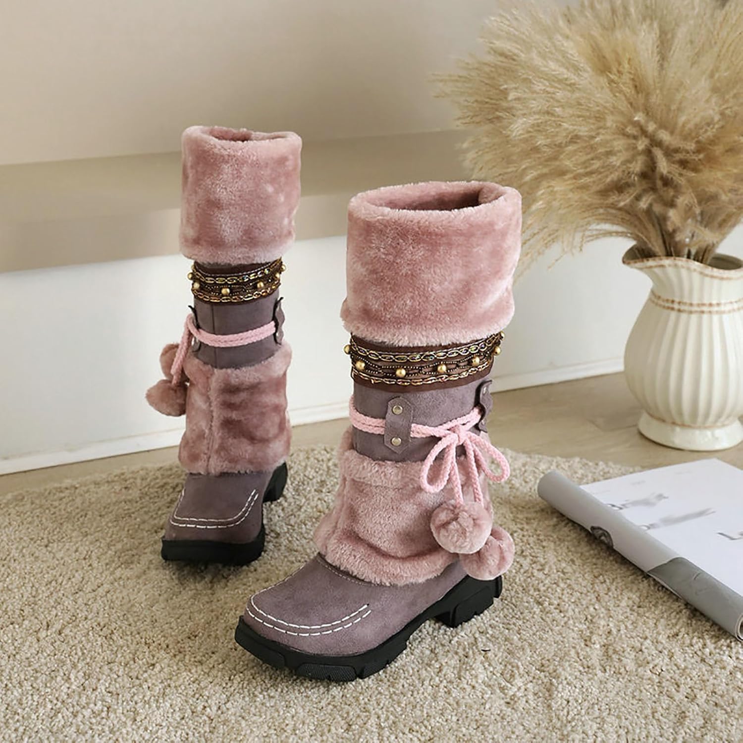Snow Boots Winter Mid Calf Boots Fur Pom Poms Low Block Heel Non Slip Warm Fleece Lined Pull On Student Booties for Boys Girls Ethnic Riding Booties Cute Round Toe Casual Cold Weather Walking Shoes