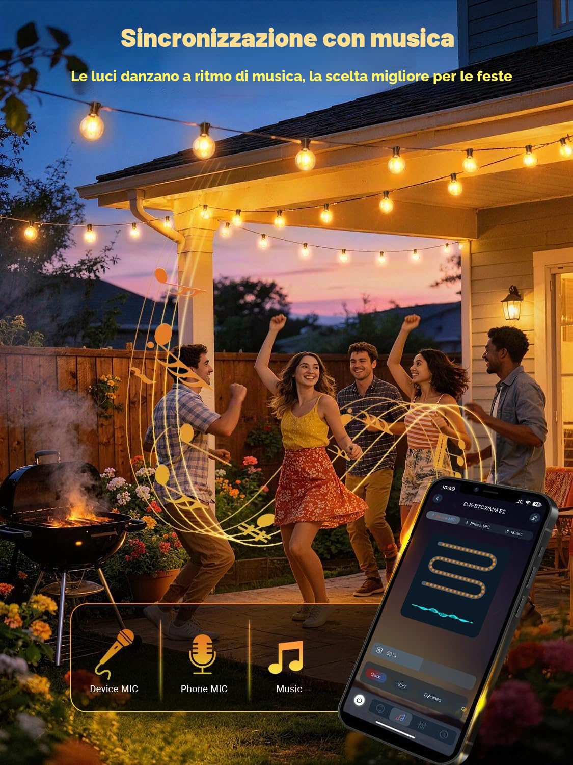 Catena Luminosa Esterno 30M, Controllo APP Luci da Esterno Giardino con G40 LED, Music Sync /Dimmerabile /4 Modalità Impermeabile Catena Luci da Esterno per Matrimonio Festa Giardino Gazebo Terrazzo