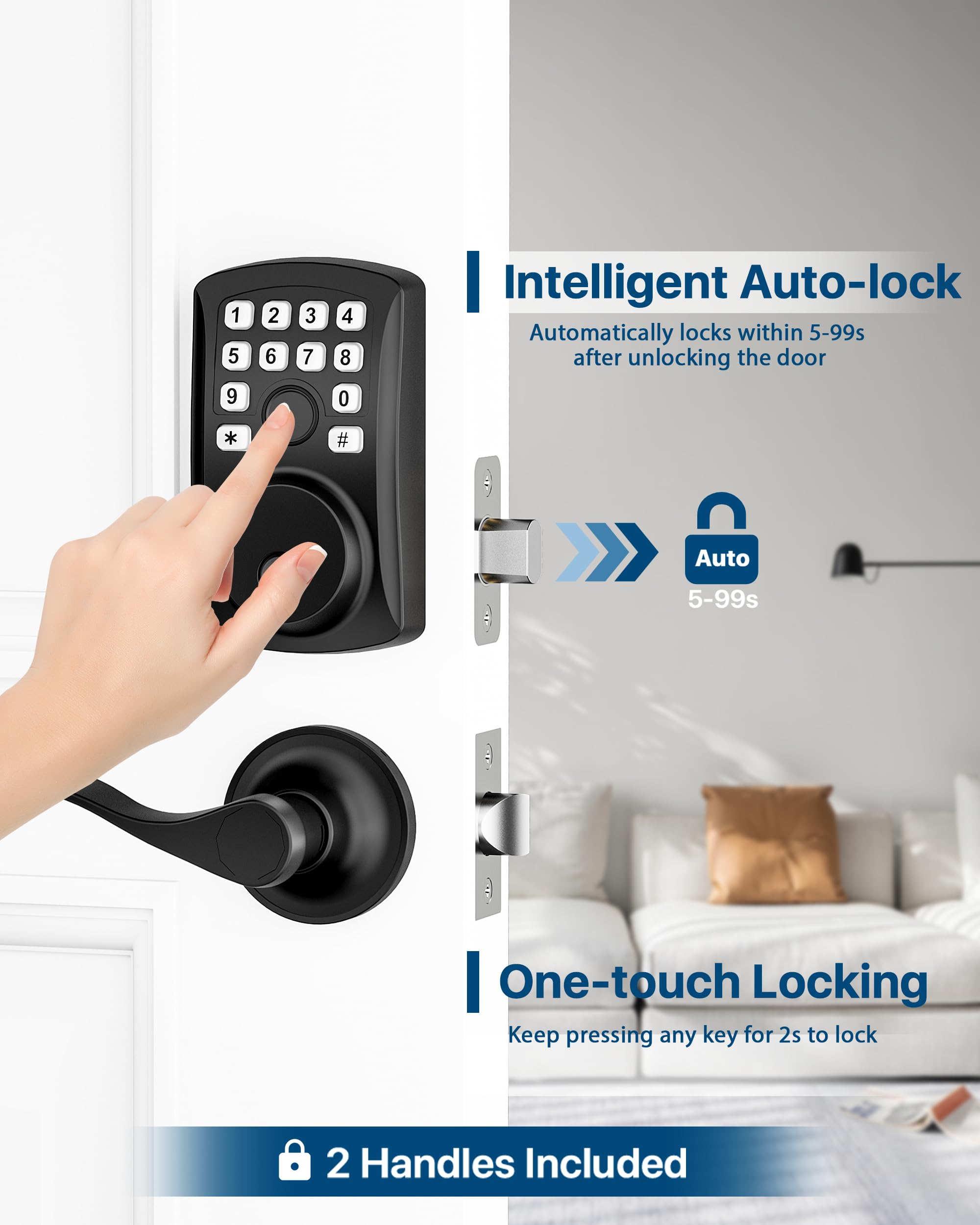 HIDALIFE Fingerprint Door Lock with 2 Door Lever Set, Keyless Entry Deadbolt with Handle Set, Keyless Entry Door Lock with Keypad, Front Digital Smart Code for Home, Apartment, Matte Black