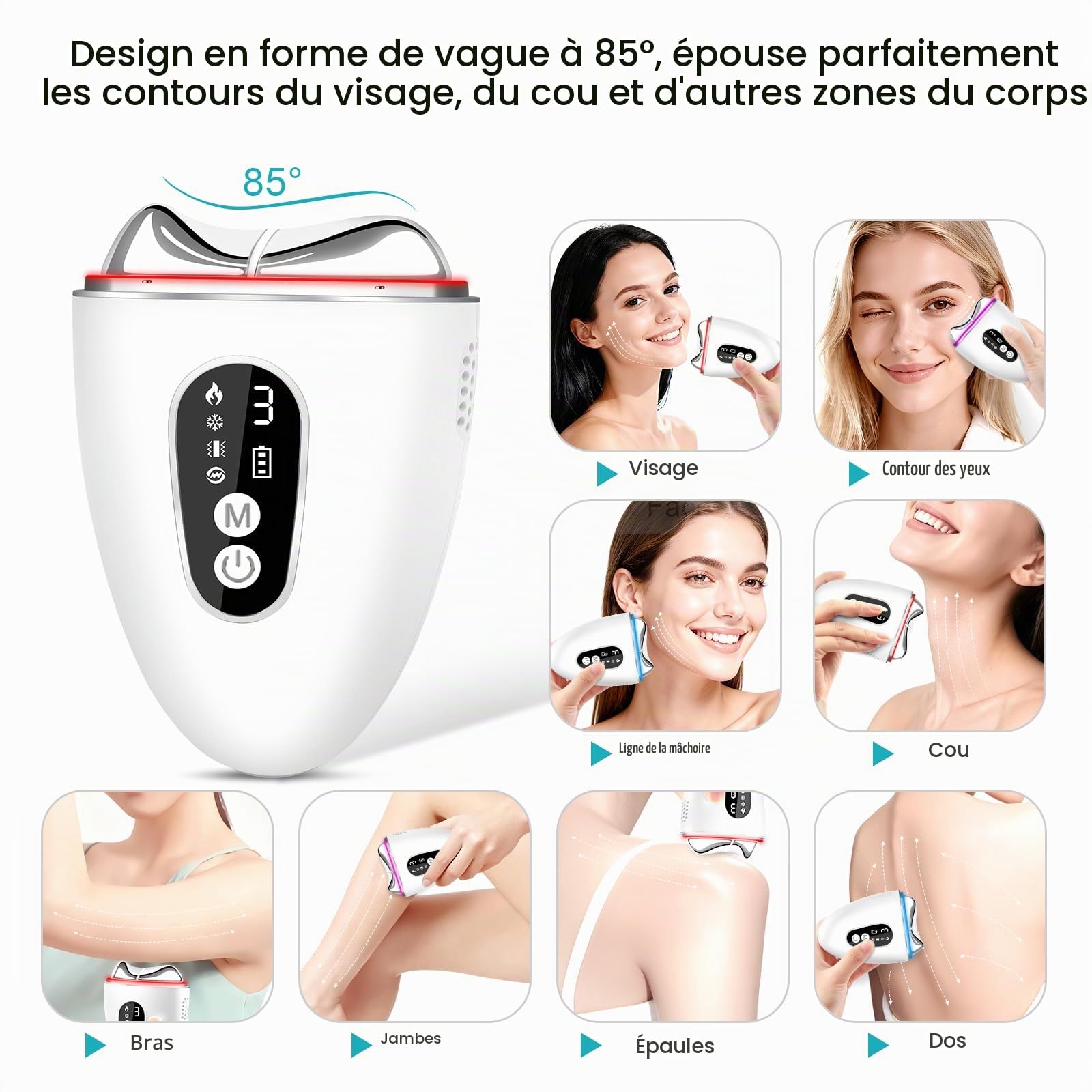 Appareil Anti Rides Massage Visage 4 Modes, EMS Guasha Électrique 4 en 1,Masseur Visage Lifting avec Froid Chaleur & Vibration,Masseur Facial pour Face Cou Anti-age Raffermissant