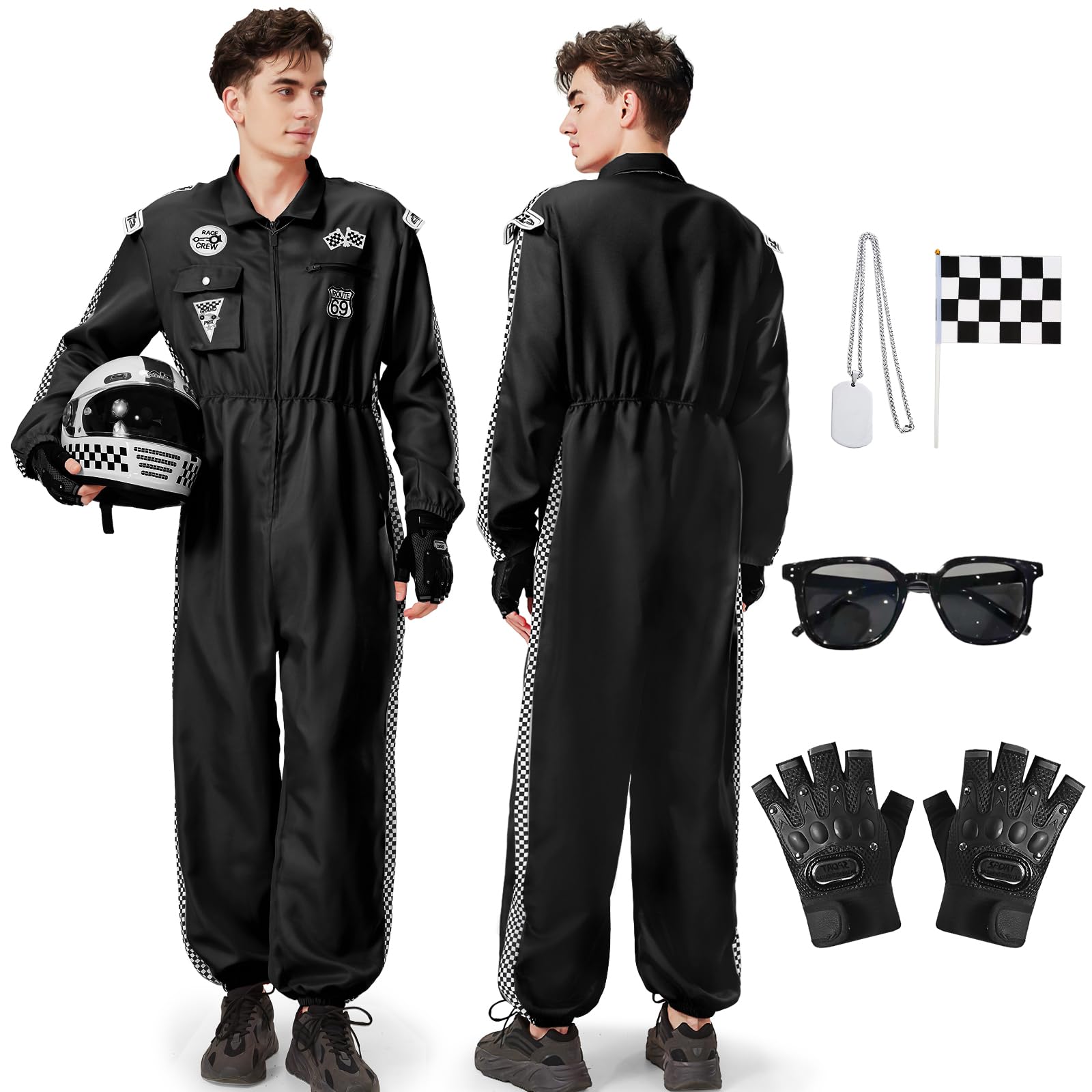 Charmofun Rennfahrer Kostüm Herren, Rennfahrer Anzug Overall Jumpsuit für Erwachsene, Racer Overall Rennwagenfahrer Kostüm mit Handschuhen, Sonnenbrille für Karneval