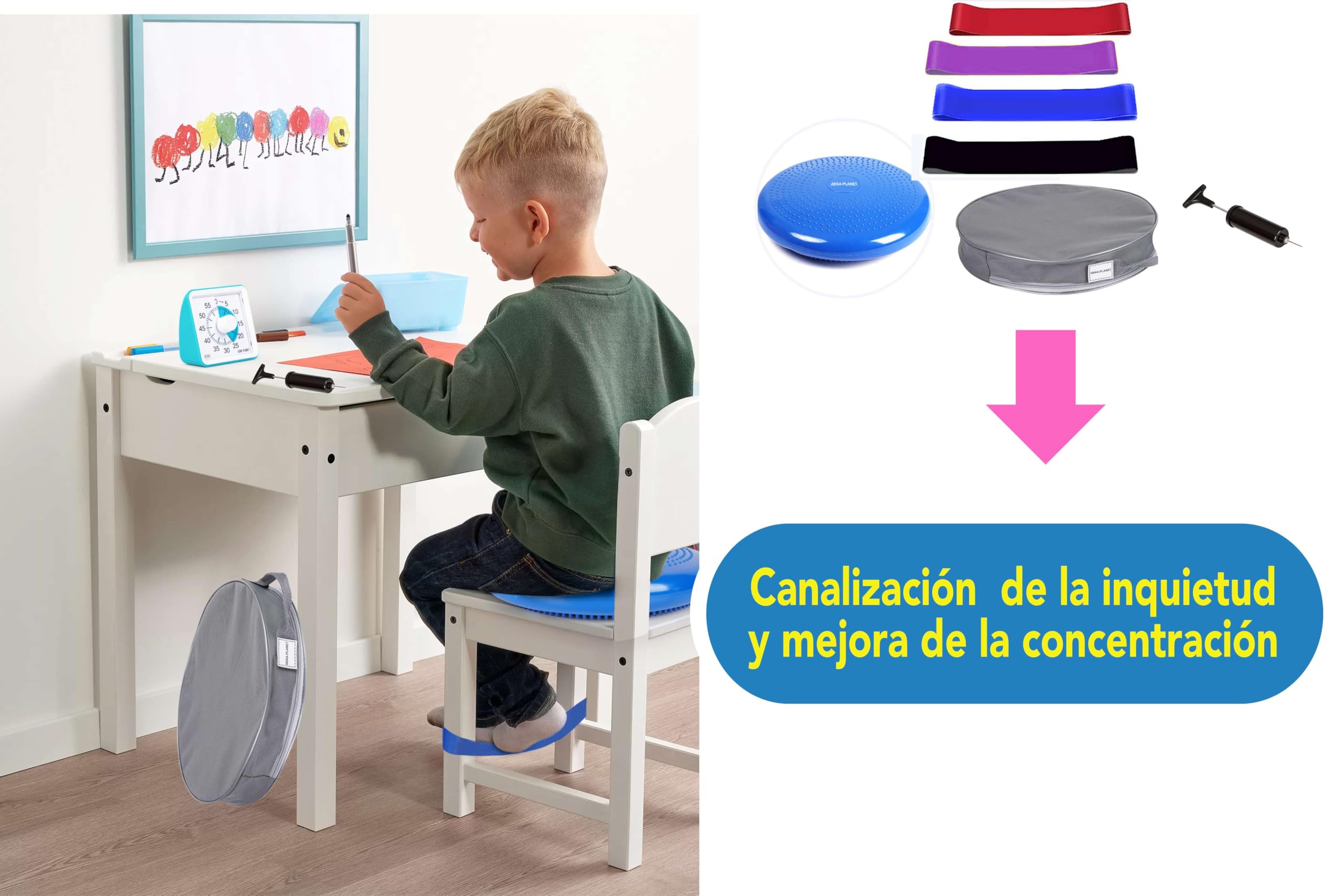 Cojín TDAH Niño y Bandas Elásticas | Maximice la Concentración | Canalice la Hiperactividad | Adaptabilidad Garantizada | Prosperación diaria