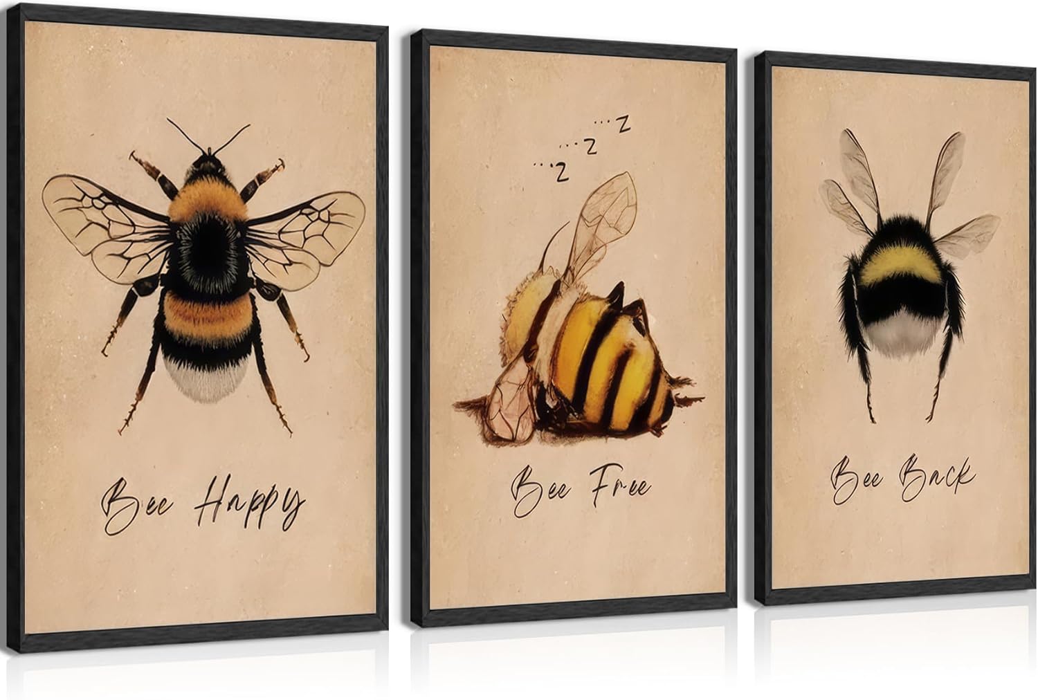 PLPKEYGR 3Pcs Vintage Bee Wall Art Bee Happy Wall Decor Entomology Art Poster Cute Animal Canvas Wall Painting Kids Room Painting Picture Mural Prints For Living Room Bedroom Office 16x24 in Poster