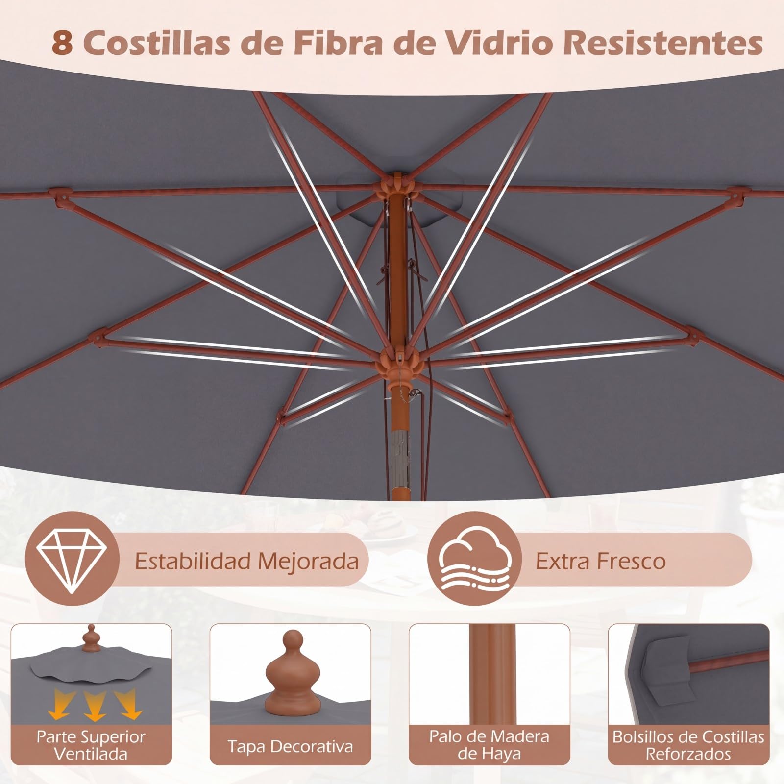 COSTWAY Sombrilla Terraza Exterior 300 cm, Parasol Jardin con Inclinación 30° en Ambos Lados, Mango de Madera, Parte Superior Ventilada, 8 Varillas, Sombrilla de Patio Jardín Playa Piscina