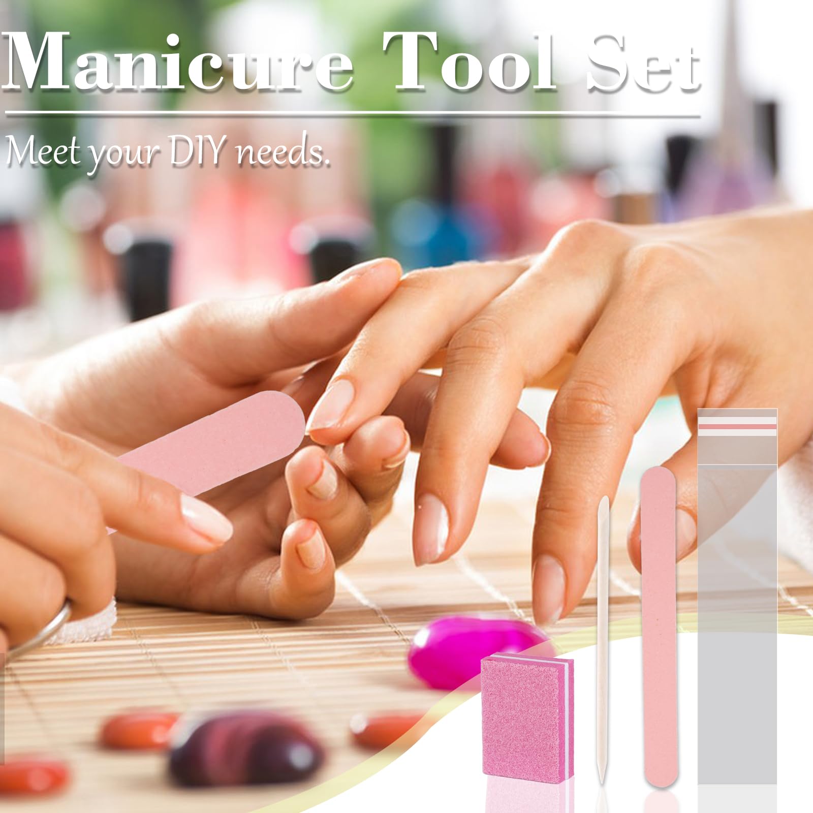 Kit de Manucure Jetable 50 pièces - Comprend : 50 Limes à Ongles, 50 Polissoirs Miniatures, 50 Bâtonnets en Bois, 50 Sachets OPP + Kit d'Accessoires pour Ongles Pressés - Salon & Maison (Rose)