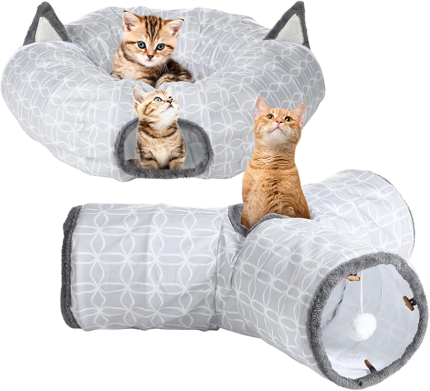 Soulchen 2 Pcs Geometric Cat Tunnel with Plush Inside Toys Collapsible Tunnel Tube with Balls for Cats, and Small Dogs, Gray Geometric Figure