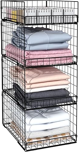 Miniatura 1 de Paquete de 4 organizadores de armario y estantes de almacenamiento para ropa, 4 niveles apilables, cesta de almacenamiento para ropa, suéter, jeans,