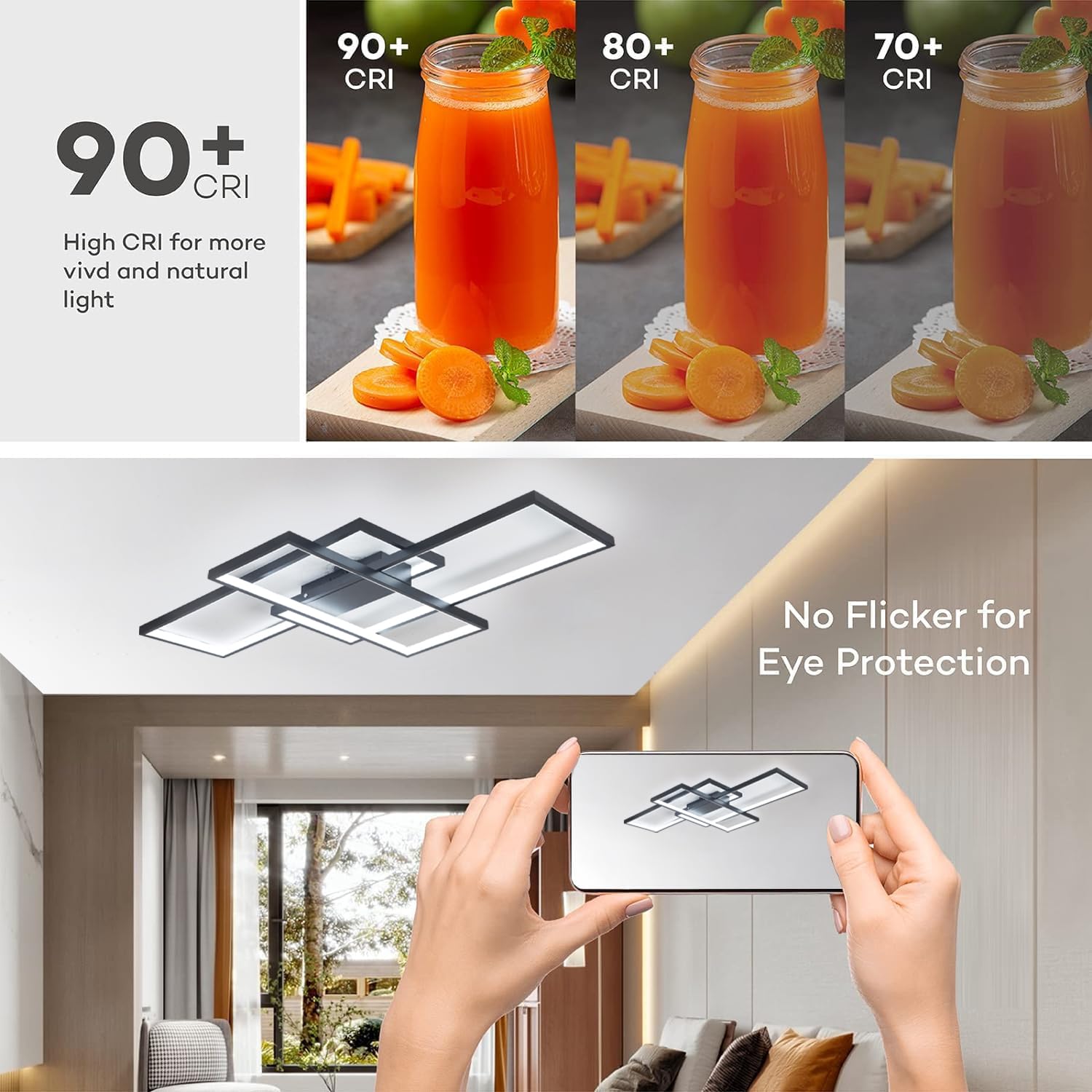 TYJY LED Deckenleuchte 60W Dimmbar Deckenlampe Wohnzimmer, Moderne Rechteckige Wohnzimmerlampe mit Fernbedienung, 3000K-6000K, Deckenbeleuchtung Lampe für Schlafzimmer Wohnzimmer (80cm, Schwarz)