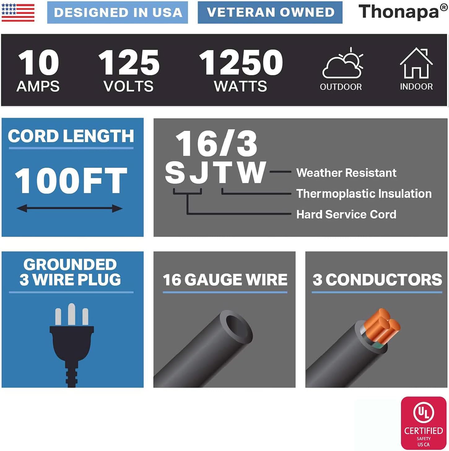 Thonapa 100 ft Outdoor Extension Cord, 16/3 SJTW Black Extension Cord 100 Foot 3 Prong, Weatherproof Exterior Power Cable for Outside Lights & Lawn, UL Certified - US Veteran Owned
