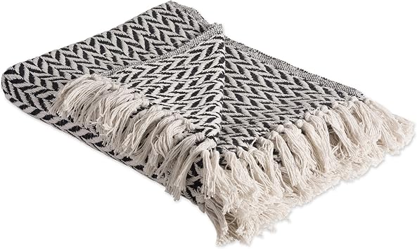 DII Modern Zig Zag Throw Blanket Woven Cotton, Hand-Knotted 2.5 Fringe, 50x60, Black