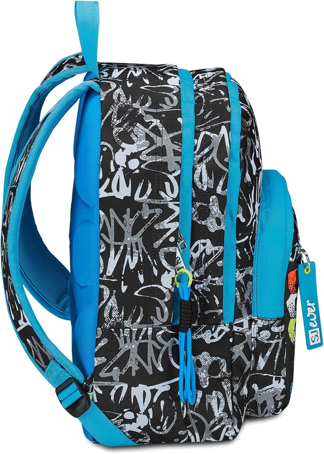 SJ Ever Set Zaino Scuola con Astuccio, Nero e Azzurro, Design Graffiti, Doppio Scomparto con Tasca Porta Borraccia, Astuccio 3 Zip Completo