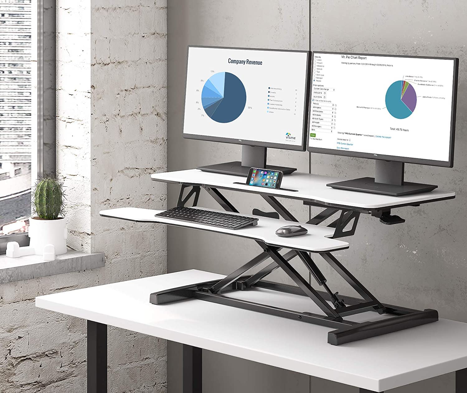 FITUEYES Convertitore da Scrivania In Piedi Grande 36''/91.5cm Standing Desk Converter per Doppio Monitor Regolabile in Altezza con Vassoio per Tastiera e Supporto per Telefono (Bianco)