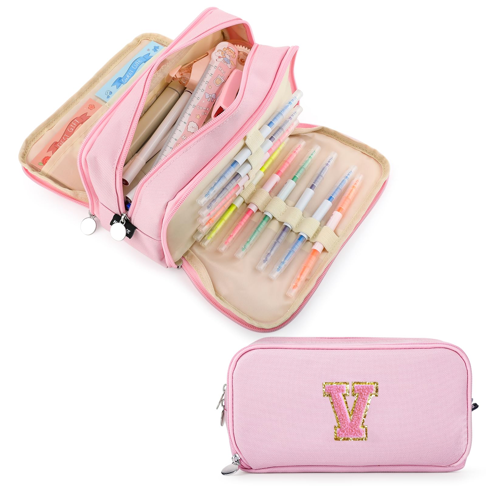 Extra Large Capacity Pencil Case 3 Compartment Initial Pencil Pouch Personalized Cute Aesthetic Stationery Pen Case Bag for School Teen Girl Boy Men Women Gift (V, Pink)
