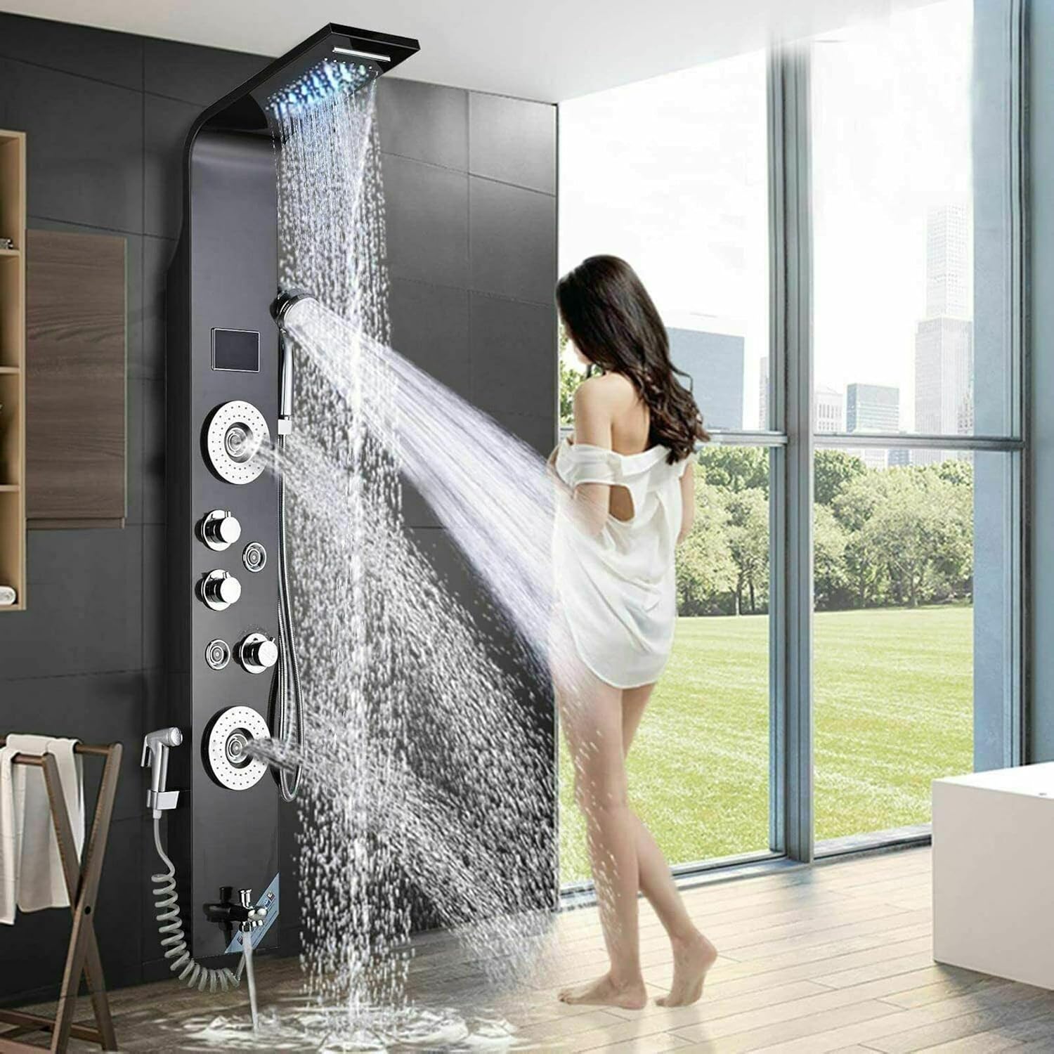 Columna de Ducha con Panel LED, Chorro Lluvia y Masaje, Acero Inoxidable y Latón, Negro miniatura 1
