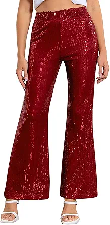 ALISISTER Womens Sequin Pants High Waist Glitter Bell Bottoms Sparkle Wide Leg Palazzo Flared Trousers