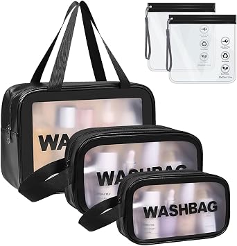 WUBAYI 5Pcs Clear Toiletry Bag, Waterproof PU Makeup Bag with Zipper Handle, Portable Airport Cosmetic Bag for Women & Men, Travel Accessories Wash Bag for Travelling & Holiday Black