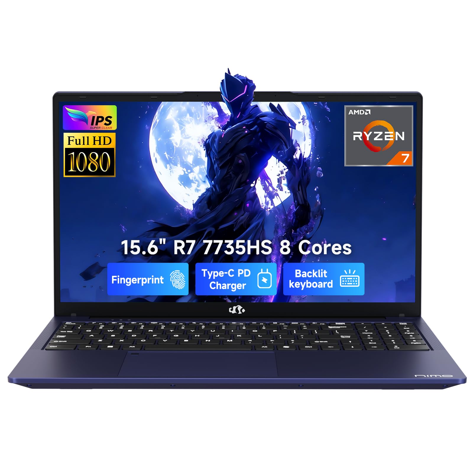 NIMO 2026 Laptop, 8 Cores AMD R7 7735HS 32GB DDR5 RAM 1TB SSD (Up to 4.75GHz, Beat i7-12650H) Gaming Laptop with Radeon 680M GPU, 15.6" IPS FHD, 180° Open Angle, Webcam, HDMI, Portable for Business