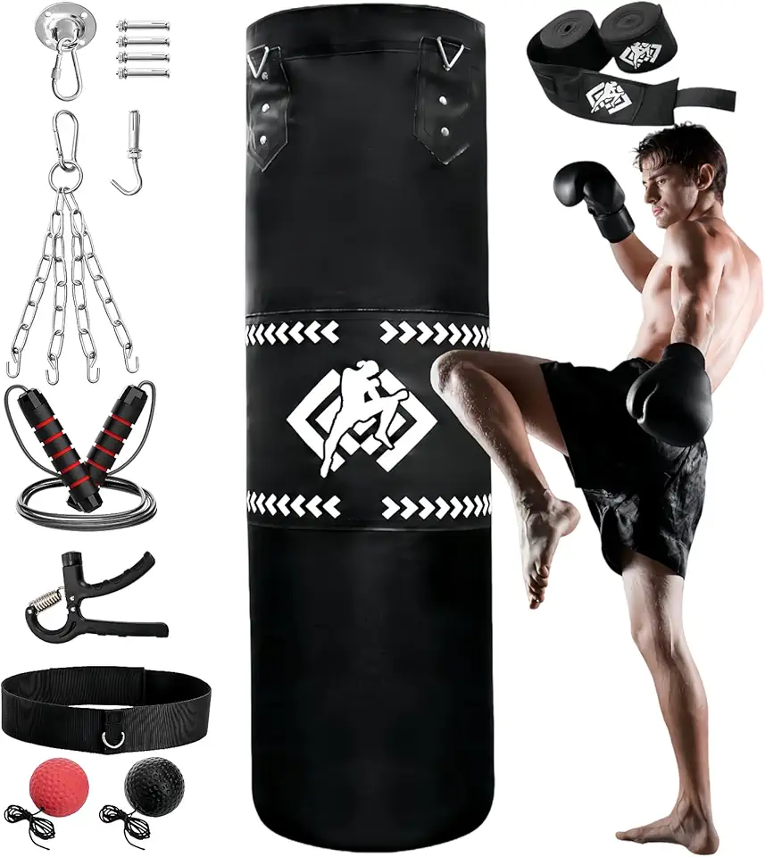 ZOOFOX Saco de pancadas para adultos, bolsa pesada de 1,5 m com correntes e envoltórios de mão para iniciantes, bolsa de boxe 5 em 1 para kickboxing, MMA, Muay Thai, karatê, academia em casa ou