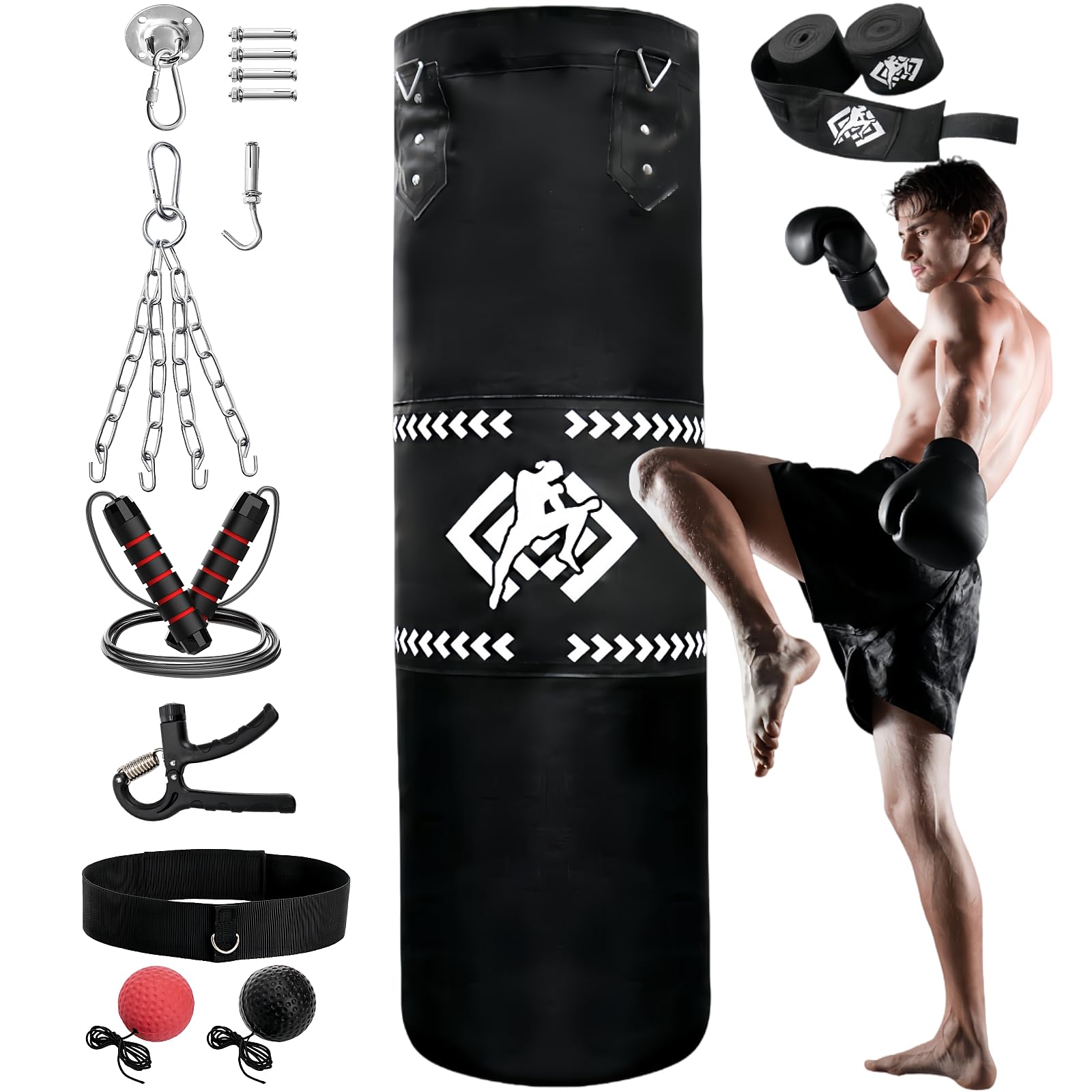 ZOOFOX Punching Bag for Adults, 4 Ft Heavy Bag with Chains and Hand Wraps for Beginners, 5-in-1 Boxing Bag for Kickboxing, MMA, Muay Thai, Karate, Home Gym or Fitness, Unfilled